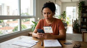 Pessoa analisando empréstimo pessoal pelo celular ao lado de contas e caderno financeiro.
