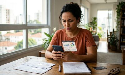 Pessoa analisando empréstimo pessoal pelo celular ao lado de contas e caderno financeiro.