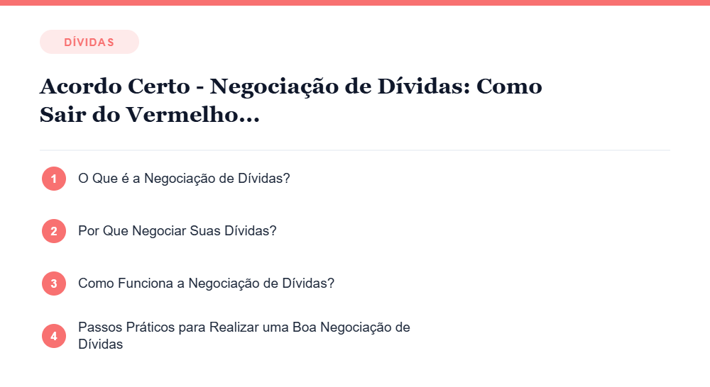Resumo visual com os principais tópicos do artigo Acordo Certo - Negociação de Dívidas: Como Sair do Vermelho com Sucesso Resumo visual com os principais tópicos do artigo Acordo Certo - Negociação de Dívidas: Como Sair do Vermelho com Sucesso