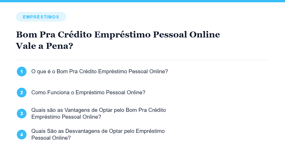 Resumo visual com os principais tópicos do artigo Bom Pra Crédito Empréstimo Pessoal Online Vale a Pena? Resumo visual com os principais tópicos do artigo Bom Pra Crédito Empréstimo Pessoal Online Vale a Pena?