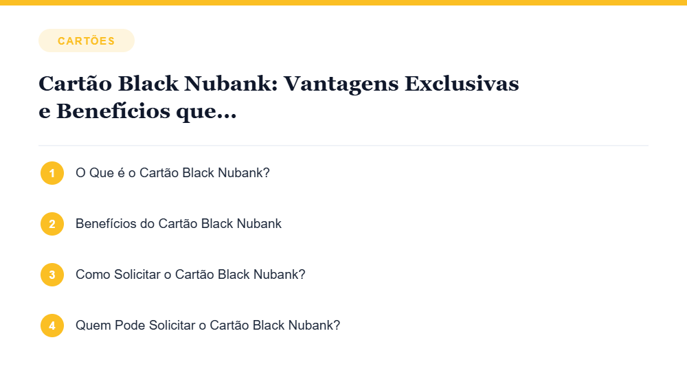 Resumo visual com os principais tópicos do artigo Cartão Black Nubank: Vantagens Exclusivas e Benefícios que Você Precisa Conhecer Resumo visual com os principais tópicos do artigo Cartão Black Nubank: Vantagens Exclusivas e Benefícios que Você Precisa Conhecer