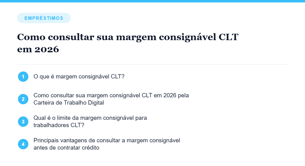 Resumo visual com os principais tópicos do artigo Como consultar sua margem consignável CLT em 2026 Resumo visual com os principais tópicos do artigo Como consultar sua margem consignável CLT em 2026