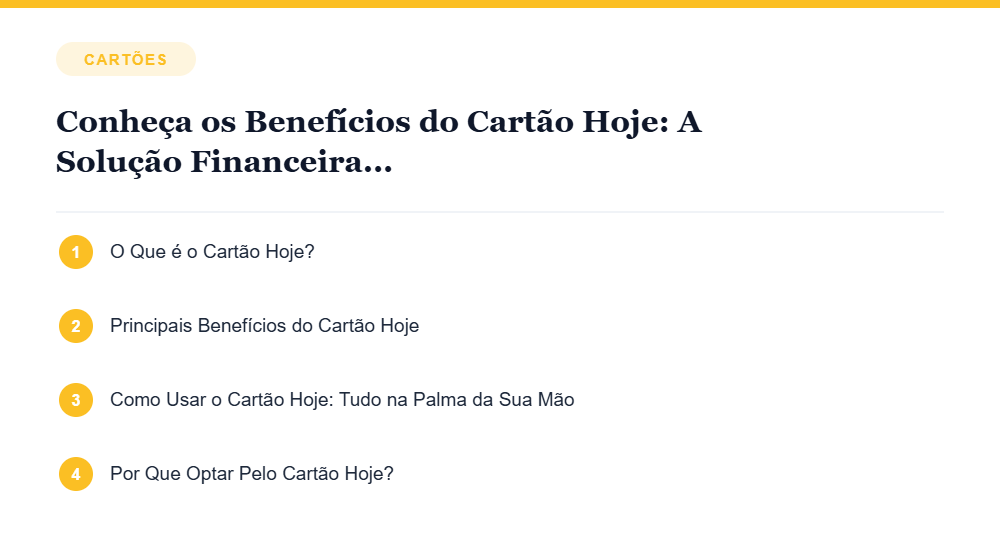 Resumo visual com os principais tópicos do artigo Conheça os Benefícios do Cartão Hoje: A Solução Financeira Que Você Precisa