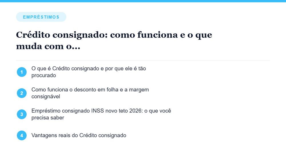 Resumo visual com os principais tópicos do artigo Crédito consignado: como funciona e o que muda com o Empréstimo consignado INSS novo teto 2026 Resumo visual com os principais tópicos do artigo Crédito consignado: como funciona e o que muda com o Empréstimo consignado INSS novo teto 2026