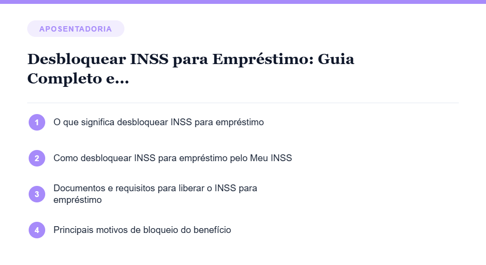 Resumo visual com os principais tópicos do artigo Desbloquear INSS para Empréstimo: Guia Completo e Atualizado para Liberar seu Benefício