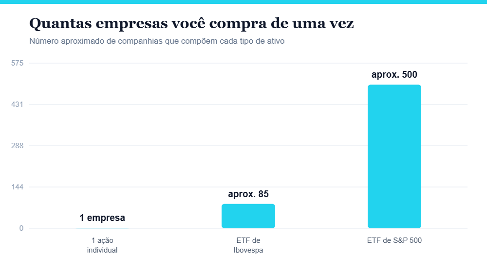 Gráfico comparando quantas empresas compõem uma ação individual e ETFs de índice Gráfico comparando quantas empresas compõem uma ação individual e ETFs de índice