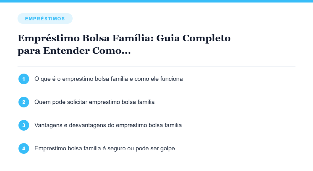 Resumo visual com os principais tópicos do artigo Empréstimo Bolsa Família: Guia Completo para Entender Como Funciona e Evitar Problemas Resumo visual com os principais tópicos do artigo Empréstimo Bolsa Família: Guia Completo para Entender Como Funciona e Evitar Problemas