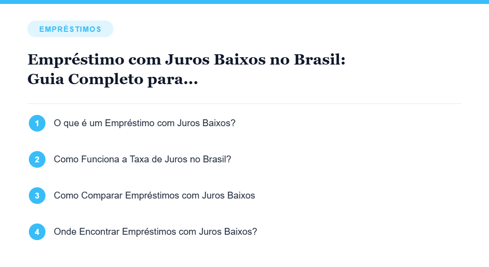 Resumo visual com os principais tópicos do artigo Empréstimo com Juros Baixos no Brasil: Guia Completo para Escolher a Melhor Opção