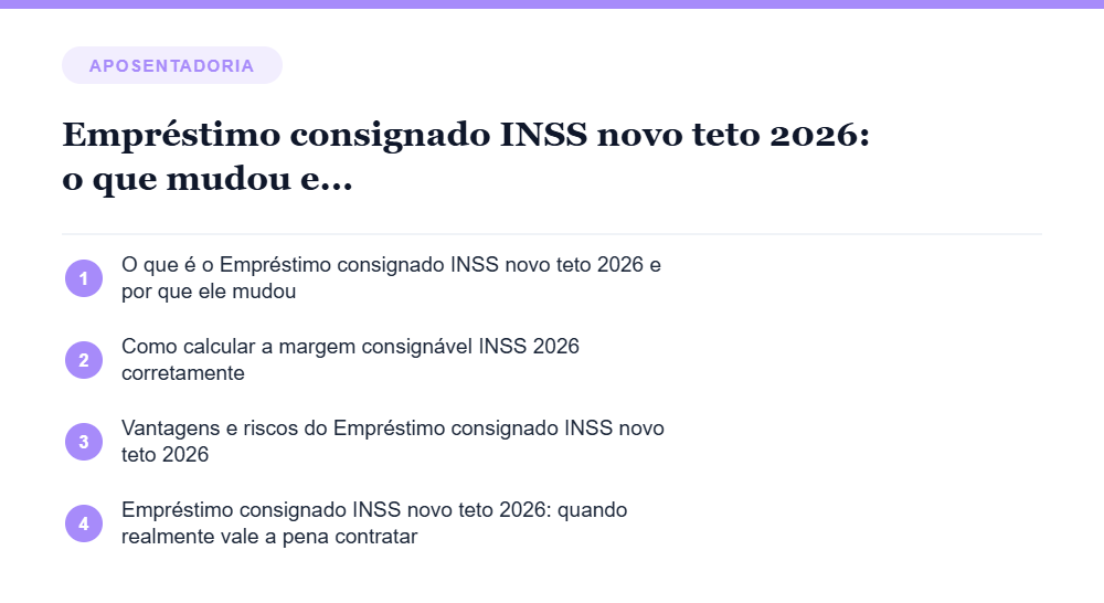 Resumo visual com os principais tópicos do artigo Empréstimo consignado INSS novo teto 2026: o que mudou e como aproveitar com segurança Resumo visual com os principais tópicos do artigo Empréstimo consignado INSS novo teto 2026: o que mudou e como aproveitar com segurança