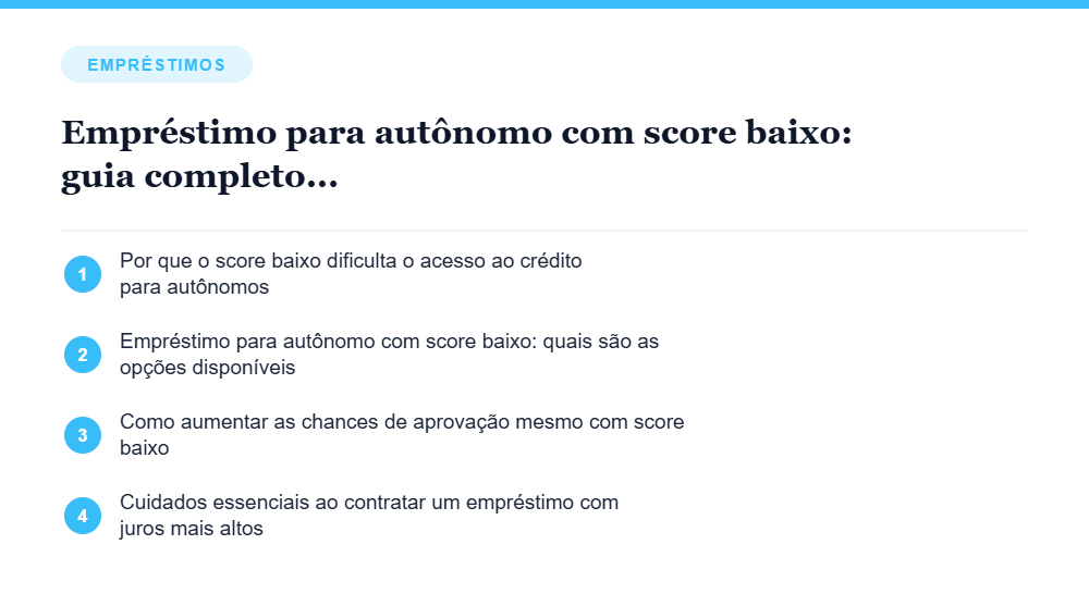 Resumo visual com os principais tópicos do artigo Empréstimo para autônomo com score baixo: guia completo para conseguir crédito mesmo com restrições Resumo visual com os principais tópicos do artigo Empréstimo para autônomo com score baixo: guia completo para conseguir crédito mesmo com restrições