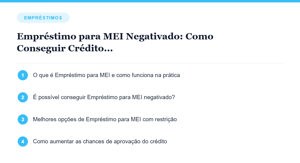 Resumo visual com os principais tópicos do artigo Empréstimo para MEI Negativado: Como Conseguir Crédito Mesmo com Nome Sujo