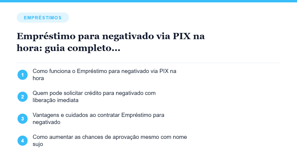 Resumo visual com os principais tópicos do artigo Empréstimo para negativado via PIX na hora: guia completo para conseguir dinheiro rápido com segurança Resumo visual com os principais tópicos do artigo Empréstimo para negativado via PIX na hora: guia completo para conseguir dinheiro rápido com segurança
