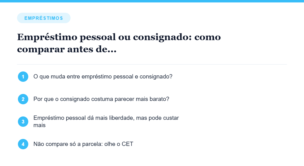 Resumo visual com os principais tópicos do artigo Empréstimo pessoal ou consignado: como comparar antes de fechar contrato Resumo visual com os principais tópicos do artigo Empréstimo pessoal ou consignado: como comparar antes de fechar contrato