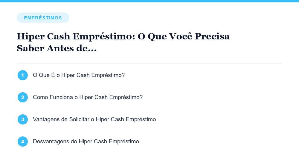Resumo visual com os principais tópicos do artigo Hiper Cash Empréstimo: O Que Você Precisa Saber Antes de Solicitar Resumo visual com os principais tópicos do artigo Hiper Cash Empréstimo: O Que Você Precisa Saber Antes de Solicitar