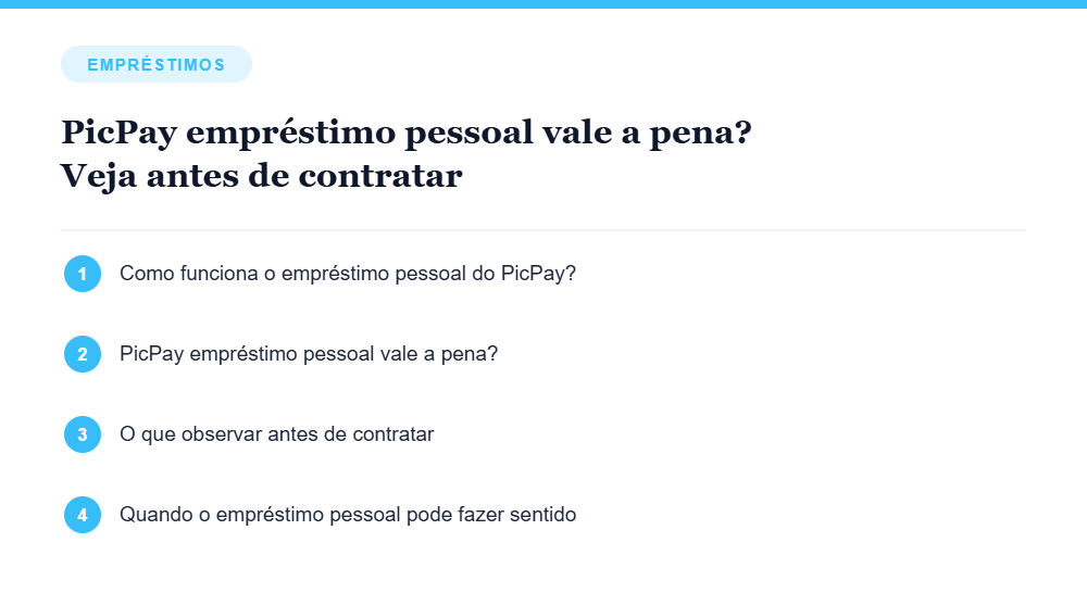 Resumo visual com os principais tópicos do artigo PicPay empréstimo pessoal vale a pena? Veja antes de contratar Resumo visual com os principais tópicos do artigo PicPay empréstimo pessoal vale a pena? Veja antes de contratar