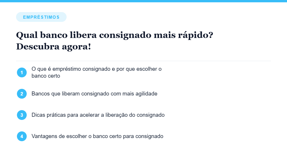 Resumo visual com os principais tópicos do artigo Qual banco libera consignado mais rápido? Descubra agora! Resumo visual com os principais tópicos do artigo Qual banco libera consignado mais rápido? Descubra agora!