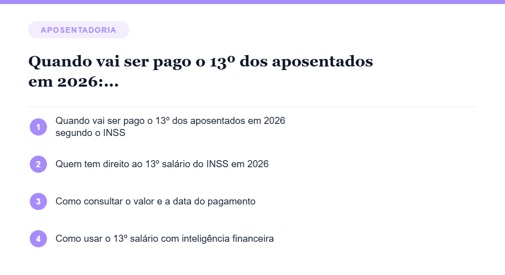 Resumo visual com os principais tópicos do artigo Quando vai ser pago o 13º dos aposentados em 2026: calendário, valores e como se organizar Resumo visual com os principais tópicos do artigo Quando vai ser pago o 13º dos aposentados em 2026: calendário, valores e como se organizar