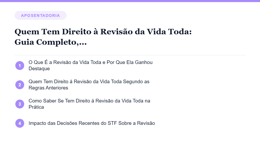 Resumo visual com os principais tópicos do artigo Quem Tem Direito à Revisão da Vida Toda: Guia Completo, Atualizado e Explicativo Resumo visual com os principais tópicos do artigo Quem Tem Direito à Revisão da Vida Toda: Guia Completo, Atualizado e Explicativo
