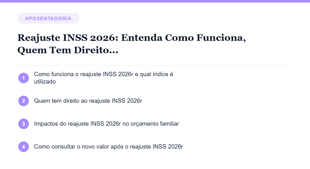 Resumo visual com os principais tópicos do artigo Reajuste INSS 2026: Entenda Como Funciona, Quem Tem Direito e Como Aproveitar Melhor o Novo Valor