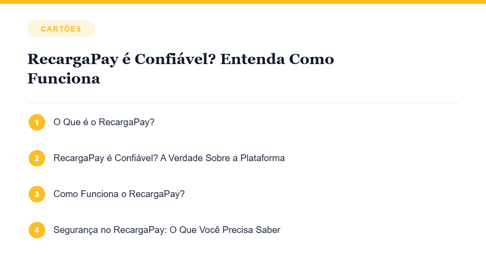 Resumo visual com os principais tópicos do artigo RecargaPay é Confiável? Entenda Como Funciona Resumo visual com os principais tópicos do artigo RecargaPay é Confiável? Entenda Como Funciona