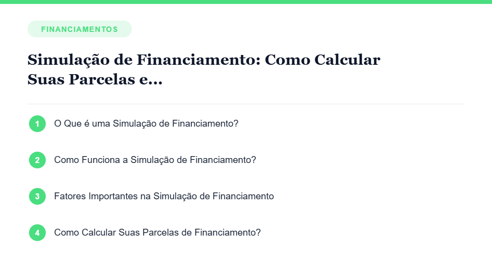 Resumo visual com os principais tópicos do artigo Simulação de Financiamento: Como Calcular Suas Parcelas e Economizar Dinheiro Resumo visual com os principais tópicos do artigo Simulação de Financiamento: Como Calcular Suas Parcelas e Economizar Dinheiro