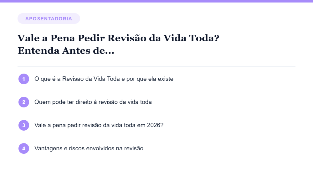 Resumo visual com os principais tópicos do artigo Vale a Pena Pedir Revisão da Vida Toda? Entenda Antes de Tomar Sua Decisão Resumo visual com os principais tópicos do artigo Vale a Pena Pedir Revisão da Vida Toda? Entenda Antes de Tomar Sua Decisão
