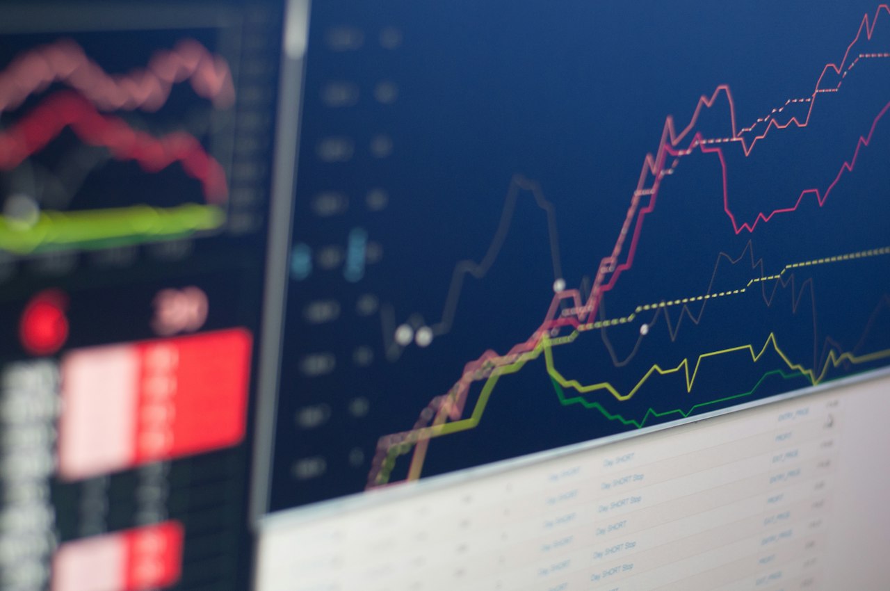 Monitor exibindo gráfico de cotações de ações em queda e alta
