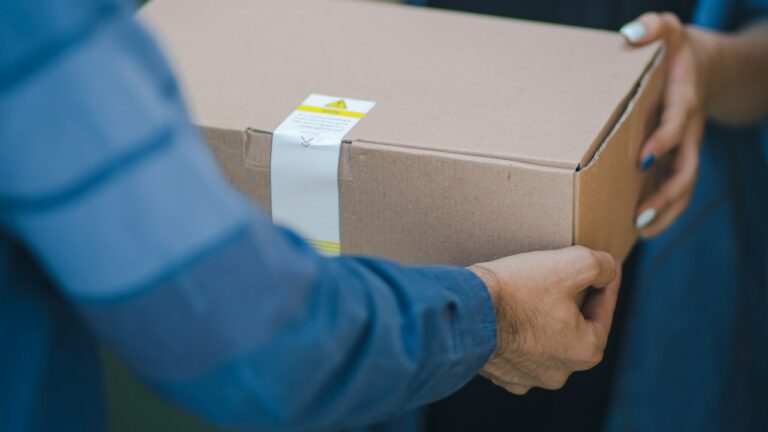 Pessoa entregando uma caixa de papelão com encomenda para envio Pessoa entregando uma caixa de papelão com encomenda para envio